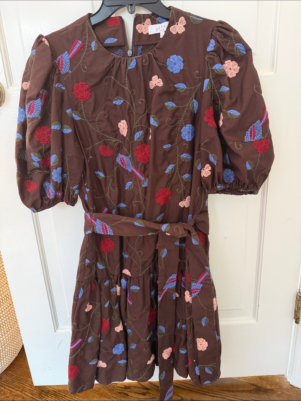 Pearl Brown Mini Dress with Red, Blue & Pink Floral Embroidery
